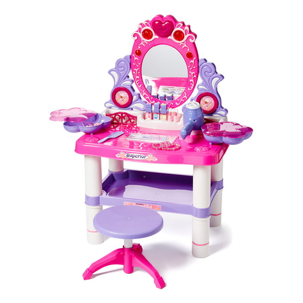 Pretend Play Kids Vanity Table and Chair Beauty Mirror and Accesories Play Set w